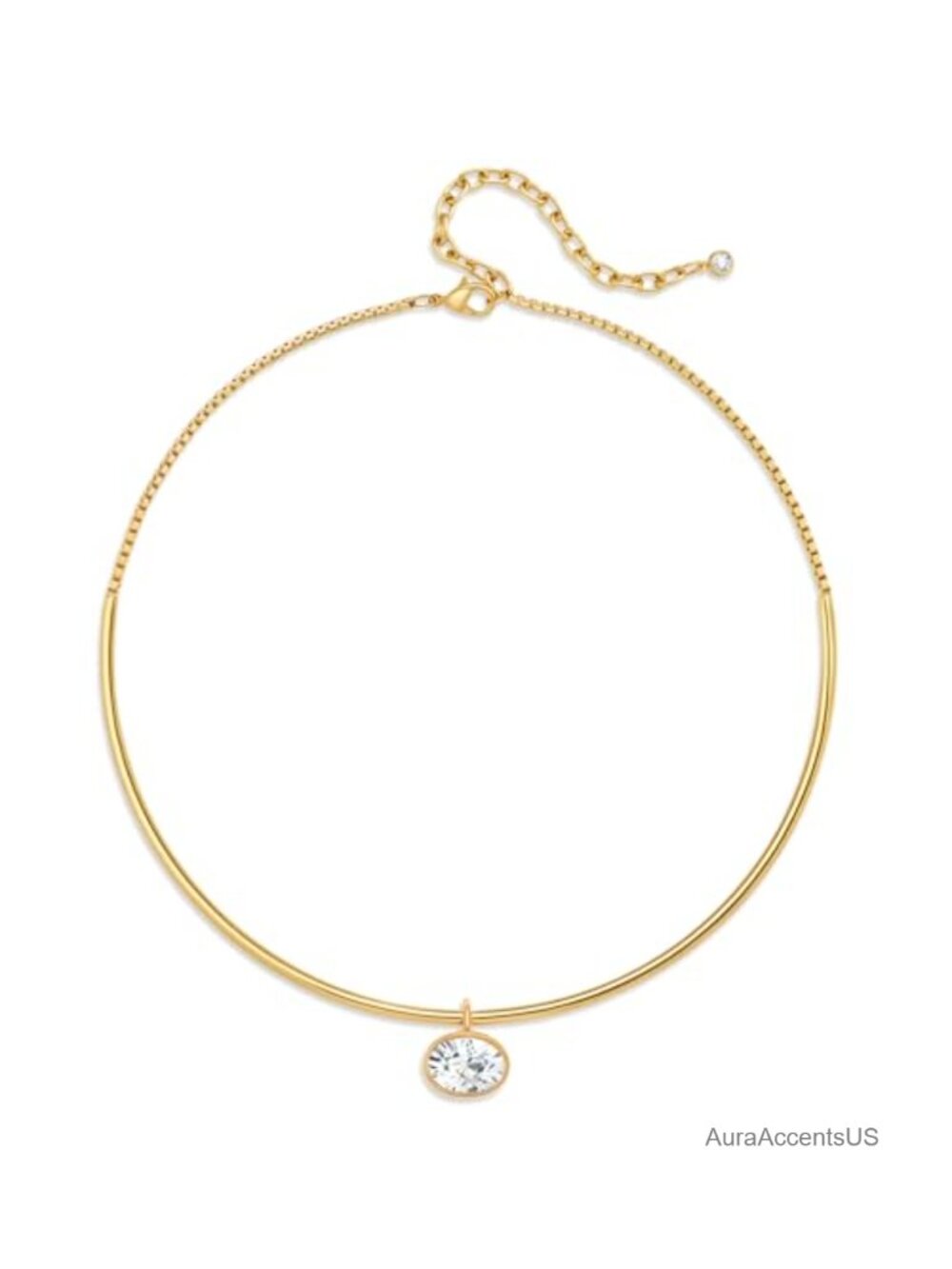 Gold CZ Oval Pendant Choker Necklace Women Dainty Tarnish Resistant